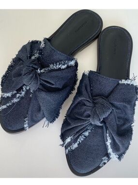 NEW All Saints Rumour Denim Fringe Bow Pointed Toe Mule Flats Sz 6 US/ 36 EU